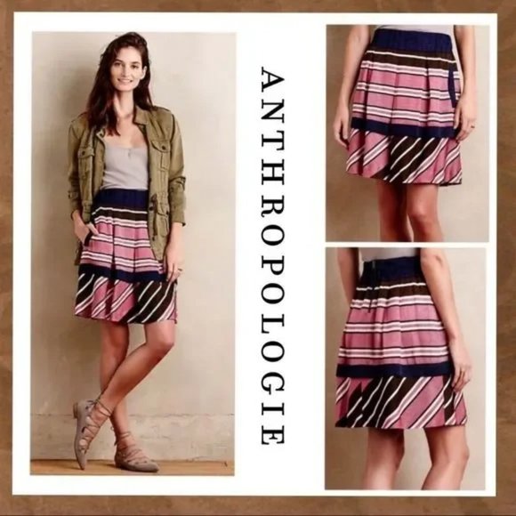 Anthropologie Dresses & Skirts - ANTHROPOLOGIE Maeve Ellery Pink Blue Striped Pleated Tiered Skirt with Pockets